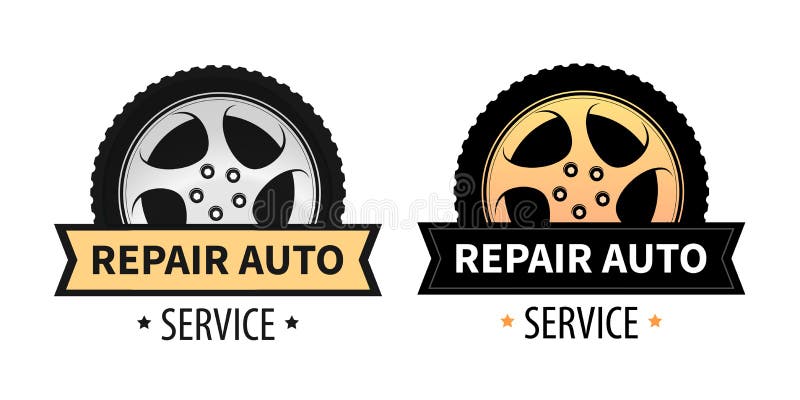 Vektortecken för det auto skylten, banret och logoen av reparationen och gummihjulservice stock illustrationer Vektortecken för det auto skylten, banret och logoen av reparationen och gummihjulservice stock illustrationer