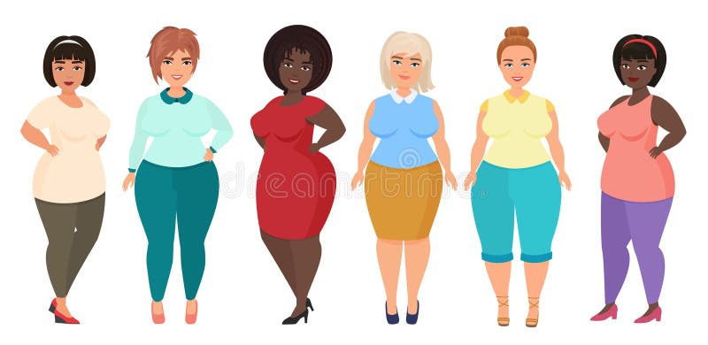 Vektortecknad film som är lycklig och ler plus formatkvinnakvinnlig Curvy överviktig flicka i kläder för tillfällig klänning stock illustrationer Vektortecknad film som är lycklig och ler plus formatkvinnakvinnlig Curvy överviktig flicka i kläder för tillfällig klänning stock illustrationer
