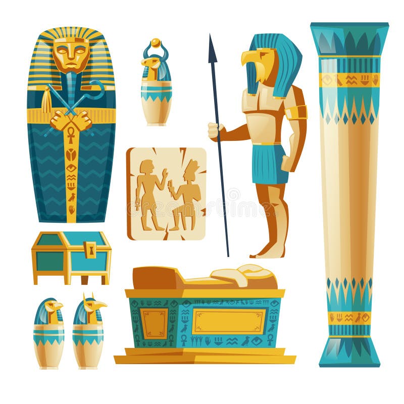 Vektortecknad filmuppsättning av forntida Egypten objekt royaltyfri illustrationer Vektortecknad filmuppsättning av forntida Egypten objekt royaltyfri illustrationer