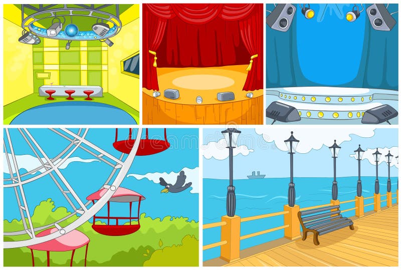 Vektortecknad filmuppsättningen av teatern och parkerar bakgrund stock illustrationer Vektortecknad filmuppsättningen av teatern och parkerar bakgrund stock illustrationer