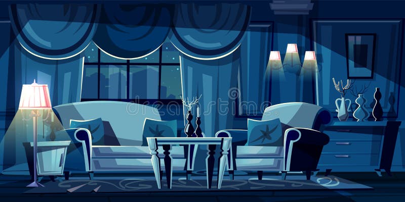 Vektortecknad filmvardagsrum på natten, inre royaltyfri illustrationer Vektortecknad filmvardagsrum på natten, inre royaltyfri illustrationer