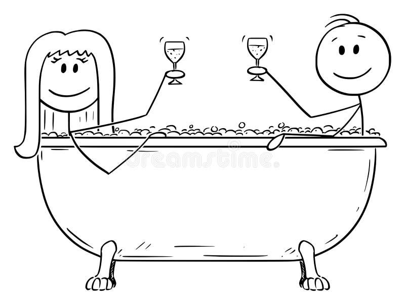 Vektortecknade filmen av mannen och kvinnan som tillsammans kopplar av i gruppering, badar med exponeringsglas av vin