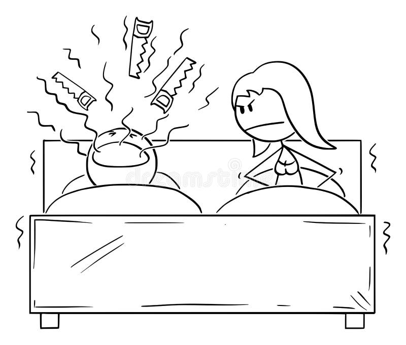 Vector cartoon stick figure drawing conceptual illustration of couple in bed in bedroom. Man is snoring loud and woman can`t sleep. Vector cartoon stick figure drawing conceptual illustration of couple in bed in bedroom. Man is snoring loud and woman can`t sleep.