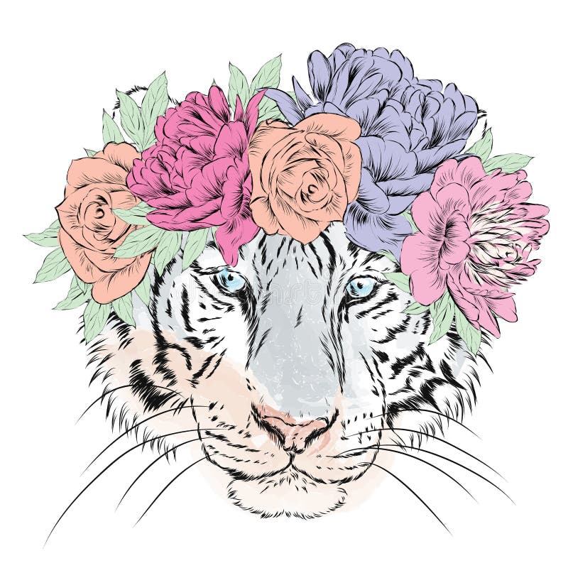 Vektortiger in einem Kranz von Blumen hippie Grußkarte mit einem Tiger stock abbildung Vektortiger in einem Kranz von Blumen hippie Grußkarte mit einem Tiger stock abbildung