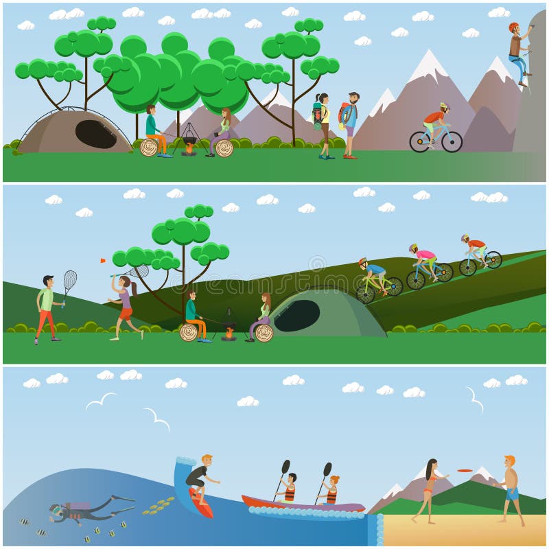 Vektoruppsättning av affischer för begrepp för utomhus- aktiviteter för sommar, lägenhetdesign royaltyfri illustrationer Vektoruppsättning av affischer för begrepp för utomhus- aktiviteter för sommar, lägenhetdesign royaltyfri illustrationer