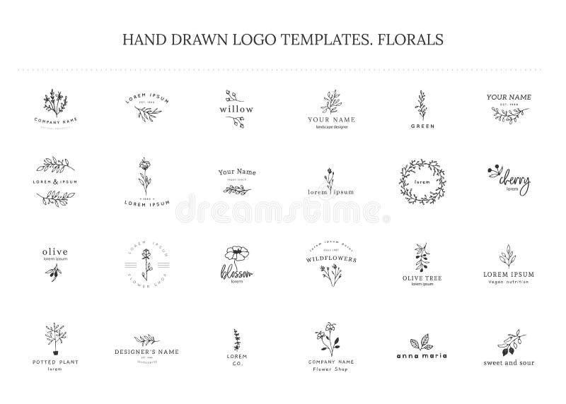 Vektoruppsättning av blom- hand drog logomallar i elegant och minsta stil royaltyfri illustrationer