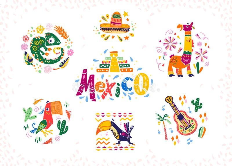 Vektoruppsättning av hand drog dekorativa ordningar med traditionella mexicanska symboler och beståndsdelar royaltyfri illustrationer Vektoruppsättning av hand drog dekorativa ordningar med traditionella mexicanska symboler och beståndsdelar royaltyfri illustrationer