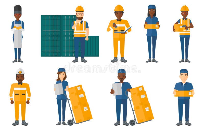 Vektoruppsättning av industriarbetare stock illustrationer