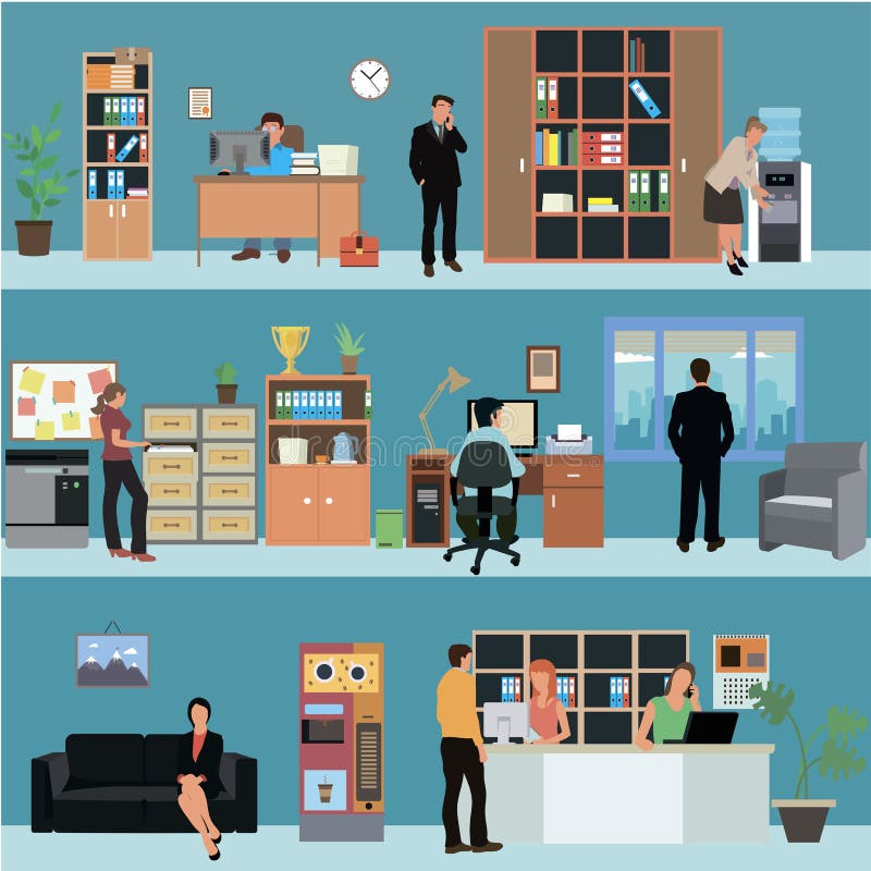 Vektoruppsättning av inre baner för kontor i plan stildesign Affärsfolk och finansarbetare Företagsmottaganderum vektor illustrationer Vektoruppsättning av inre baner för kontor i plan stildesign Affärsfolk och finansarbetare Företagsmottaganderum vektor illustrationer