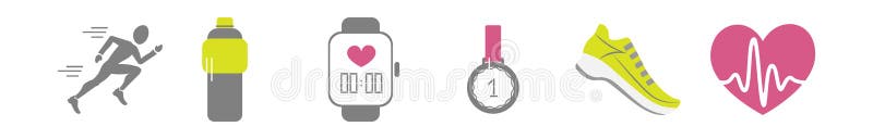 Vektoruppsättning av körande sportsymboler - jogga personen, körande sko som slår hjärta med pusle, flaskan av isotonic elle royaltyfri illustrationer Vektoruppsättning av körande sportsymboler - jogga personen, körande sko som slår hjärta med pusle, flaskan av isotonic elle royaltyfri illustrationer