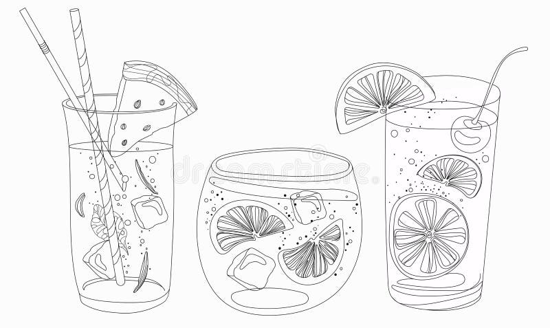 Vektoruppsättning av sommar som kyler drinkar med frukter Samling royaltyfri illustrationer Vektoruppsättning av sommar som kyler drinkar med frukter Samling royaltyfri illustrationer