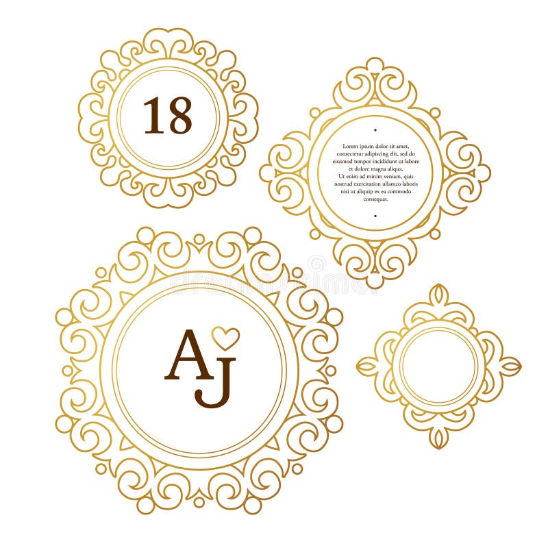 Vektoruppsättning med guld- ramar, karaktärsteckningar i viktoriansk stil stock illustrationer Vektoruppsättning med guld- ramar, karaktärsteckningar i viktoriansk stil stock illustrationer