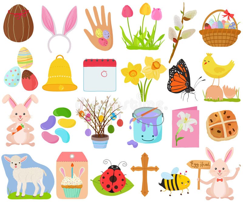 Vektoruppsättning med påsksemestervårssäsong i söt, färglöst tema. insamling av djurblommans livsmedelsikoner i pastellfärg stock illustrationer