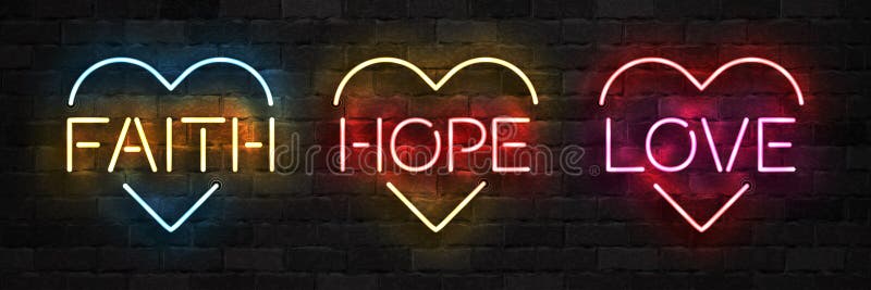Vektoruppsättning med realistiska isolerade neon-tecken på religiöst hopp och kärlekslogotyp med hjärtform för malldekoration på v
