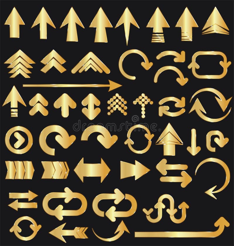 Vektoruppsättningen av den guld- pilen formar på svart royaltyfri illustrationer Vektoruppsättningen av den guld- pilen formar på svart royaltyfri illustrationer