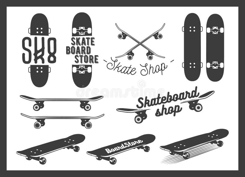 Vektoruppsättningen av skateboardemblem, etiketter, förser med märke royaltyfri illustrationer