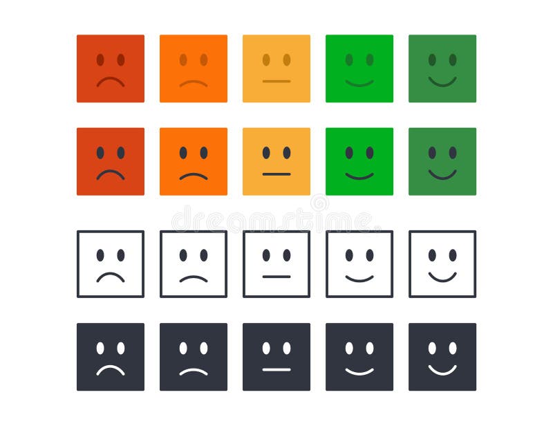 Vector emoticons for rating, poll, customer review. Colored black square icons editable stroke. Set of moods from angry to happy. Satisfied scale stars dissatisfied, sad, indifferent, glad, satisfied. Vector emoticons for rating, poll, customer review. Colored black square icons editable stroke. Set of moods from angry to happy. Satisfied scale stars dissatisfied, sad, indifferent, glad, satisfied