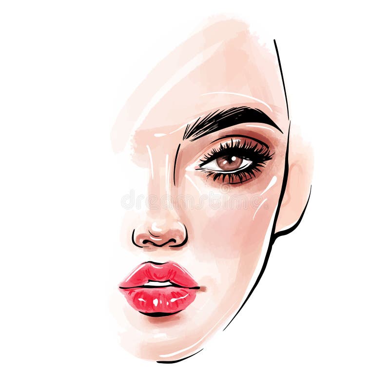 Vector beautiful woman face. Girl portrait with long black lashes, brows, red lips. Fashion make-up illustration for beauty salon, posters and social media. Closeup young lady drawing art. Vector beautiful woman face. Girl portrait with long black lashes, brows, red lips. Fashion make-up illustration for beauty salon, posters and social media. Closeup young lady drawing art.