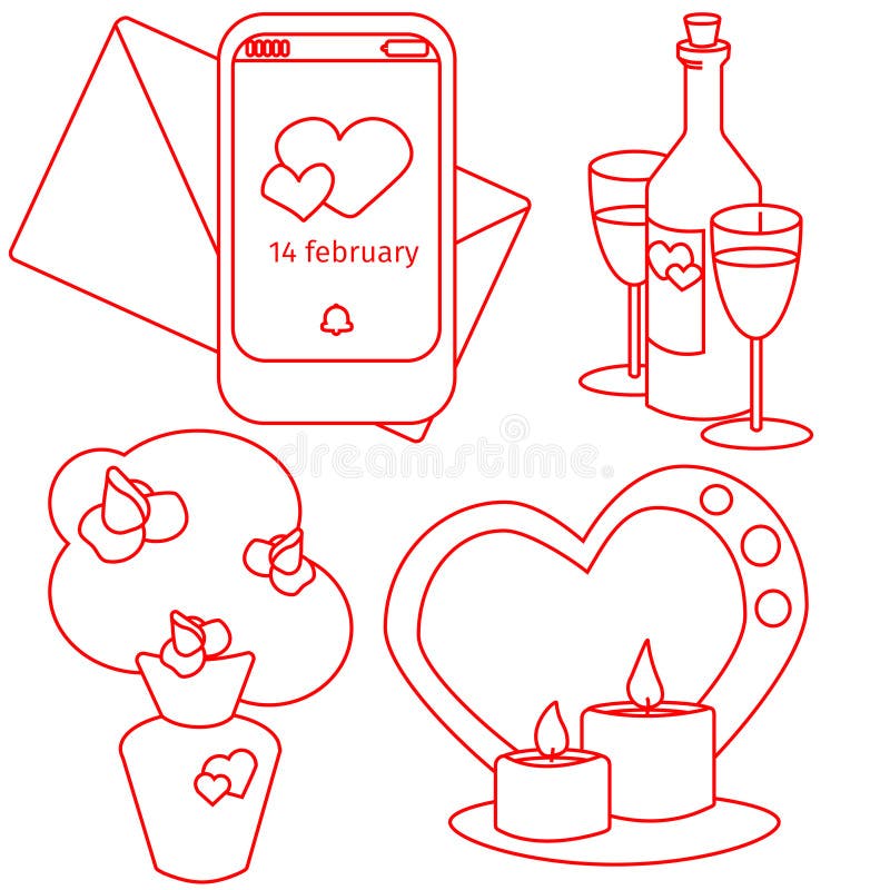 Vektorvalentindagen ställde in bouque, vinranka stearinljus och meddelande stock illustrationer Vektorvalentindagen ställde in bouque, vinranka stearinljus och meddelande stock illustrationer