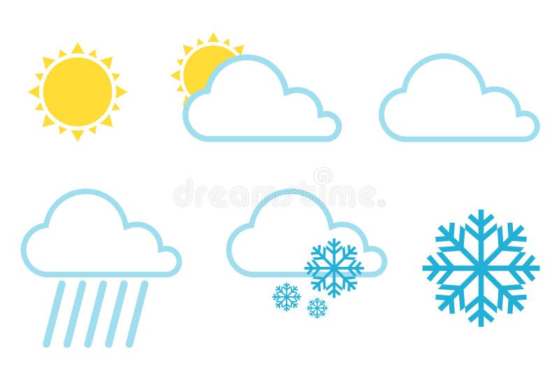 VektorWettervorhersageikonen Wetterikonen stellten Farbeinfache flache Symbole lokalisiert auf weißem Hintergrund ein Auch im cor stock abbildung