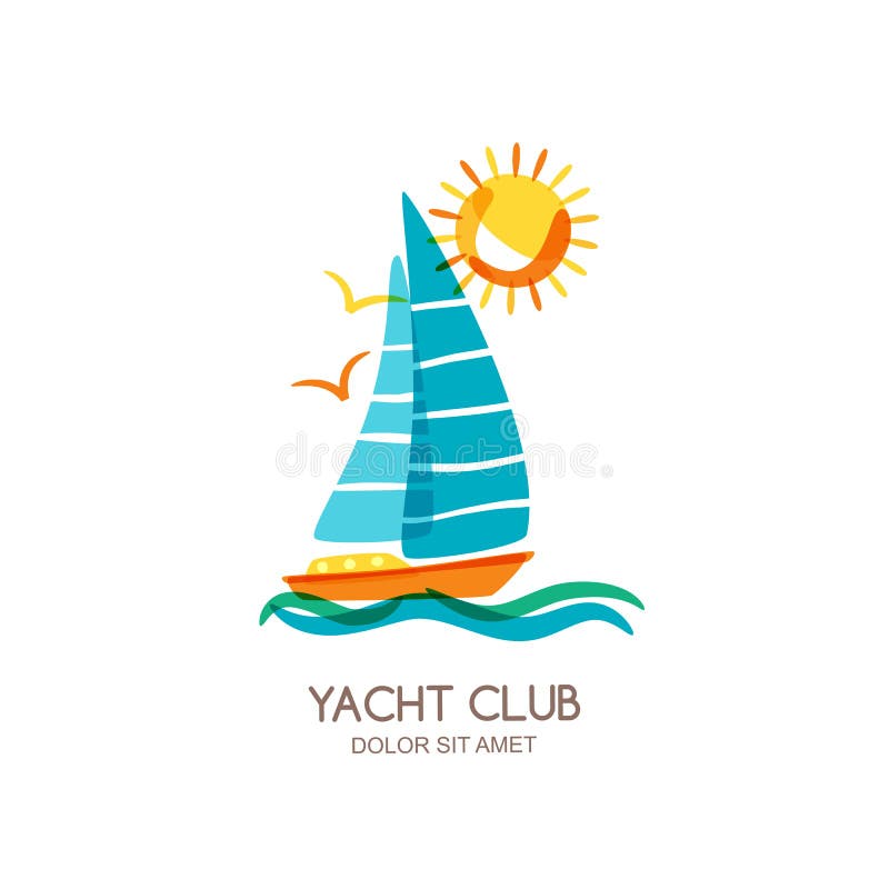 Vektoryachtclublogo-Designschablone Segelboot im Meer und in der Sonne Lokalisierte Gekritzelillustration der Sommerferien stock abbildung