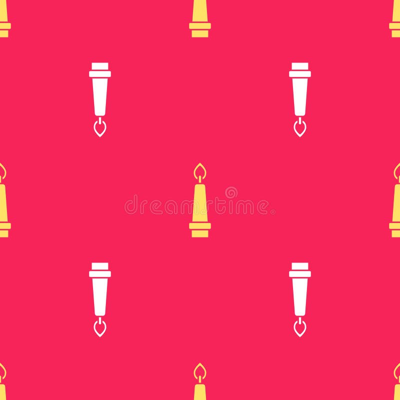 Yellow Burning candle in candlestick icon isolated seamless pattern on red background. Old fashioned lit candle. Cylindrical candle stick with burning flame. Vector. Yellow Burning candle in candlestick icon isolated seamless pattern on red background. Old fashioned lit candle. Cylindrical candle stick with burning flame. Vector.