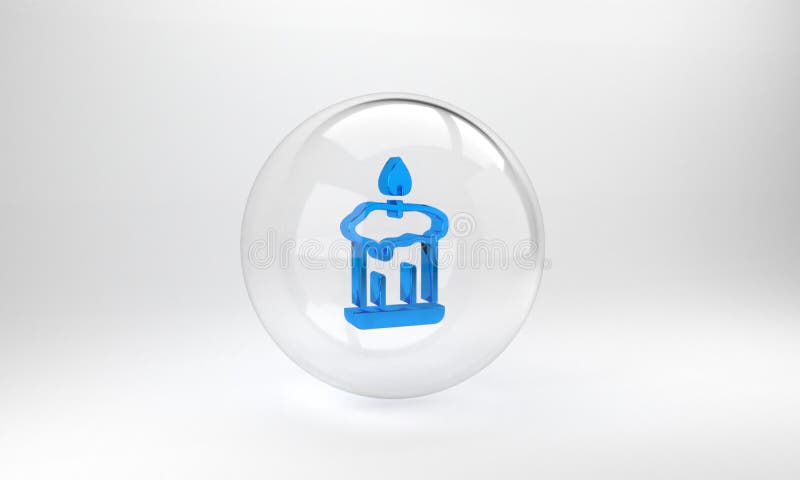 Blue Burning candle in candlestick icon isolated on grey background. Old fashioned lit candle. Cylindrical candle stick with burning flame. Glass circle button. 3D render illustration. Blue Burning candle in candlestick icon isolated on grey background. Old fashioned lit candle. Cylindrical candle stick with burning flame. Glass circle button. 3D render illustration.