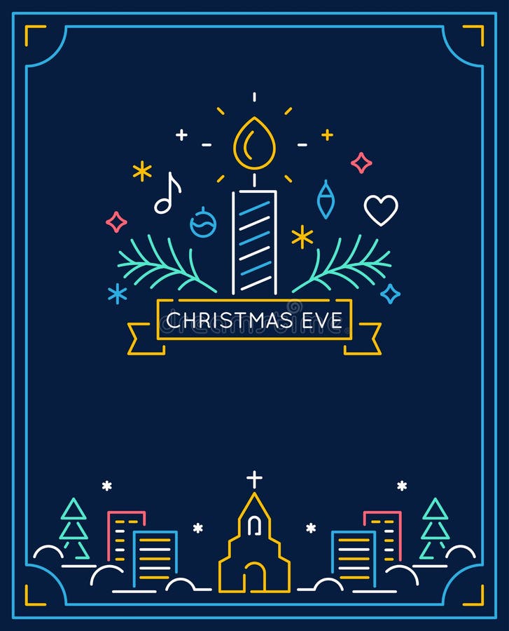 Vela e ornamento, cidade do inverno e esboço da igreja Natal Eve Candlelight Service Invitation Linha vetor da arte ilustração stock Vela e ornamento, cidade do inverno e esboço da igreja Natal Eve Candlelight Service Invitation Linha vetor da arte ilustração stock