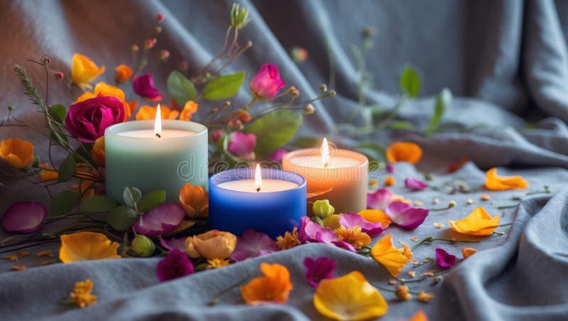 Velas alegres y decorativas rodeadas de flores y pétalos coloridos sobre un fondo gris texturado para relajarse en casa foto de archivo libre de regalías
