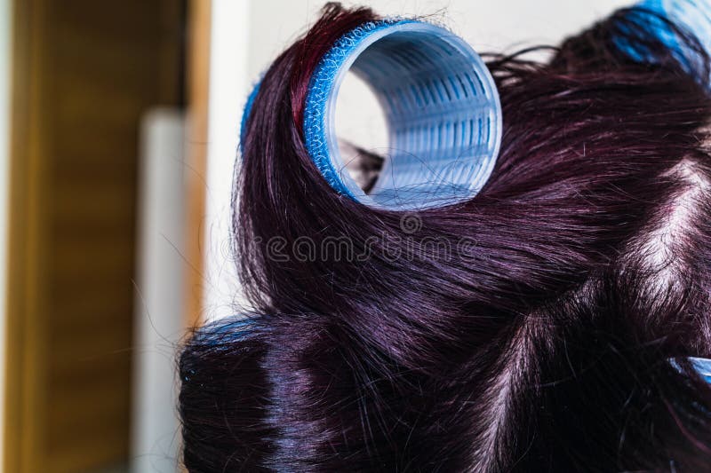 Velcro Curlers on Hair, Natural Air Drying, Healthy Lifestyle Stock
