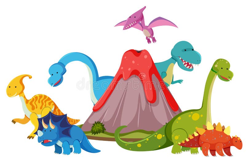 Vele dinosaurus naast vulkaan stock illustratie Vele dinosaurus naast vulkaan stock illustratie
