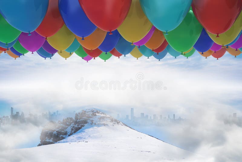 Vele kleurrijke ballons boven sneeuw vector illustratie Vele kleurrijke ballons boven sneeuw vector illustratie