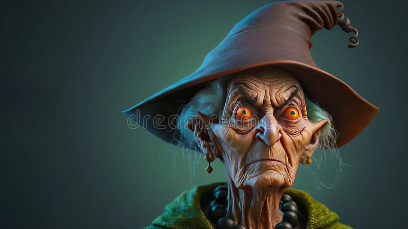 Foto de uma cena de horror de cores escuras de uma bruxa velha e feia