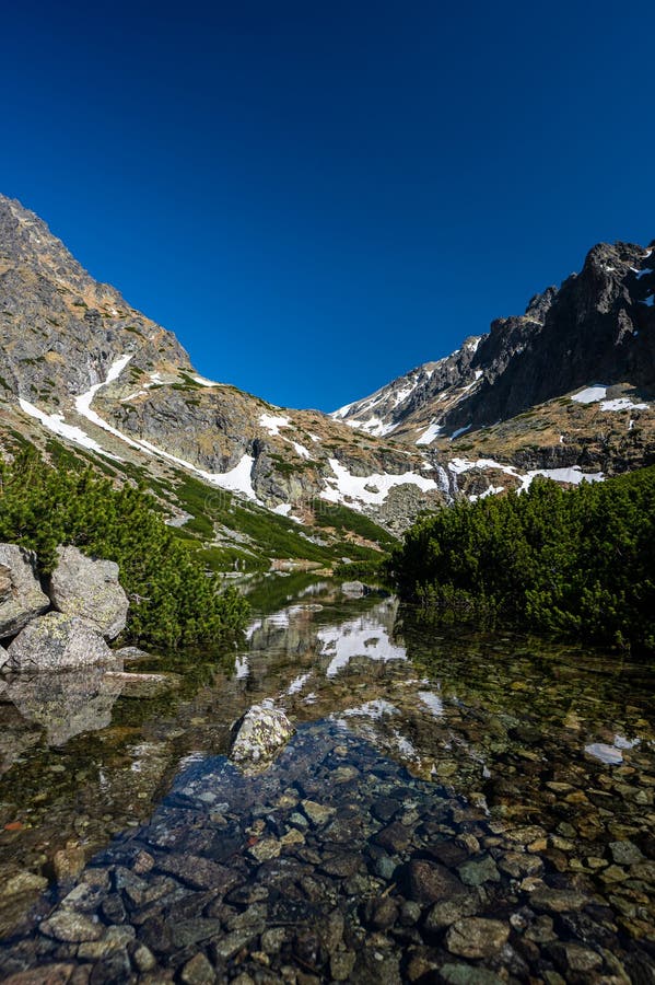 Velické pleso nebo Velické pleso, jarní krajina Tater, Slovensko