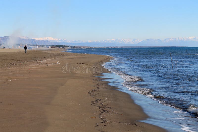 Velika Plaza - Great Beach and Albanian mountains (Montenegro, winter)