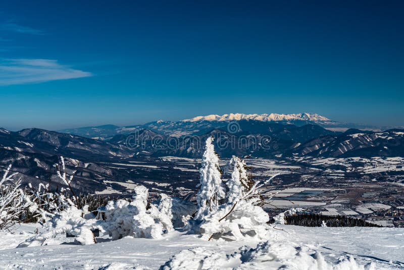 Velka Fatra, Chocske vrchy and Tatra mountains from Velka luka hill in winter Mala Fatra mountains in Slovakia