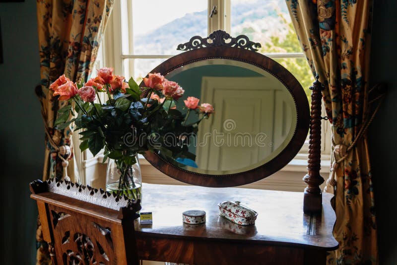 Velke Brezno, Czech Republic, 26 June 2021: chateau Velke Brezno, castle interior of bedroom, wooden ladies table with round