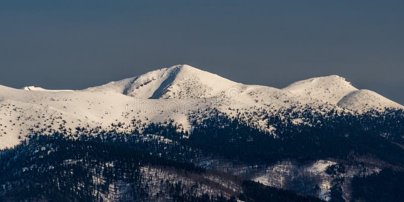 Velky Krivan and Chleb hills from Velka luka hill in Mala Fatra mountains in Slovakia during wintery