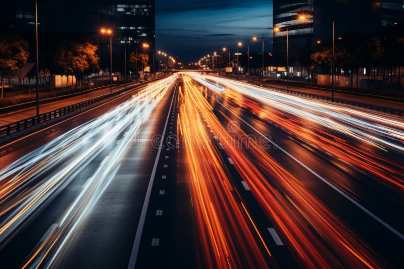 Morning traffic's speed on a generic highway depicted through artistic motion blur Generative AI. Morning traffic's speed on a generic highway depicted through artistic motion blur Generative AI