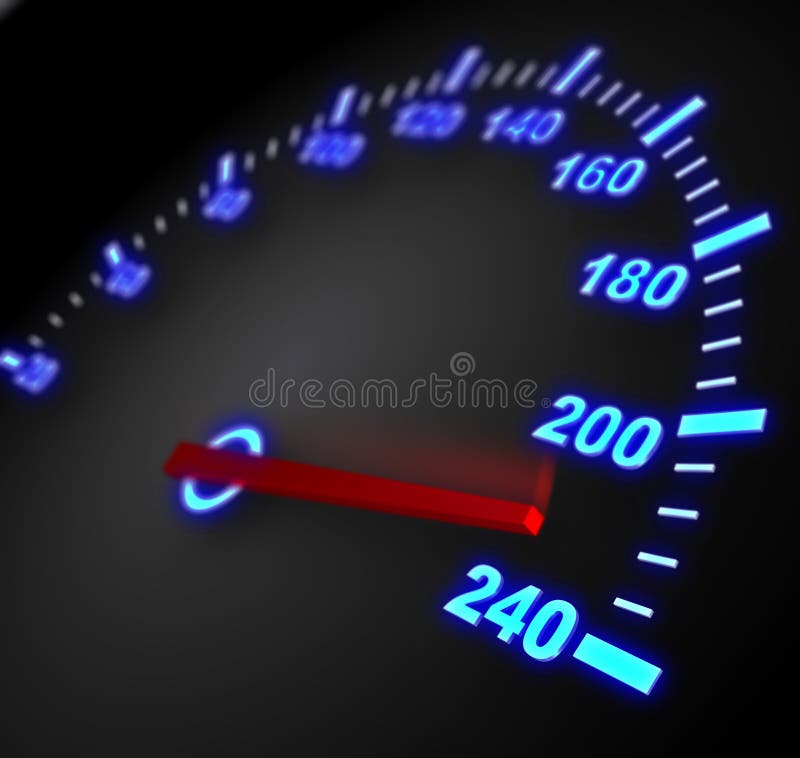 3d illustration of speedometer with moving arrow and high speed. 3d illustration of speedometer with moving arrow and high speed