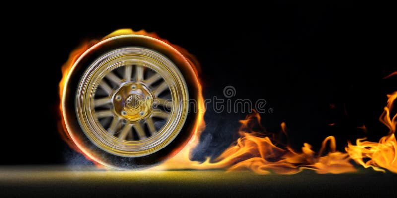 Car wheel on fire and smoke on black background. Car wheel on fire and smoke on black background