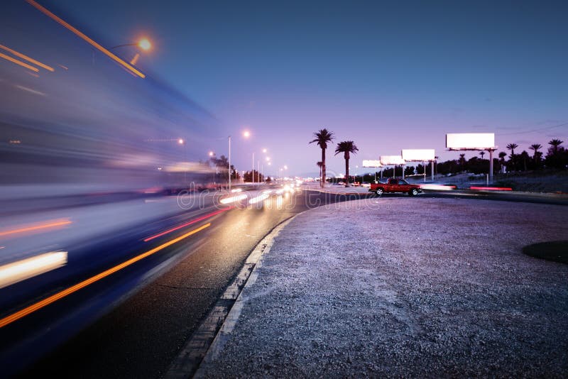 Speeding bus, blurred motion. Las Vegas Blvd., Las Vegas, USA. Speeding bus, blurred motion. Las Vegas Blvd., Las Vegas, USA.