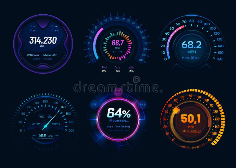 Speedometer with neon LED light gauge meter, vector car dashboard display. Digital speedometer, fuel, mph and kilometer speed arrow bars, electric car power charge percent, temperature and weather. Speedometer with neon LED light gauge meter, vector car dashboard display. Digital speedometer, fuel, mph and kilometer speed arrow bars, electric car power charge percent, temperature and weather
