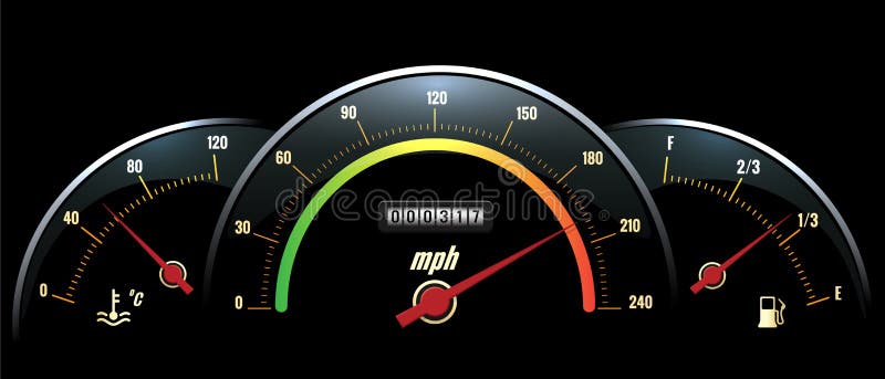 Vector Speedometer Panel. Black panel temperature reading, speed and fuel with brightly colored scales. Vector illustration. Vector Speedometer Panel. Black panel temperature reading, speed and fuel with brightly colored scales. Vector illustration