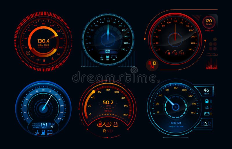 Futuristic car speedometer. Speed hud kilometer performance indicators dashboard, gas and fuel level analog panels or automobile race sports rpm technology vector isolated icons collection. Futuristic car speedometer. Speed hud kilometer performance indicators dashboard, gas and fuel level analog panels or automobile race sports rpm technology vector isolated icons collection