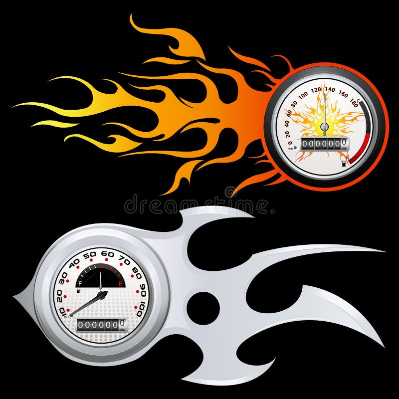 Illustration of speedometer with flame on black background. Illustration of speedometer with flame on black background