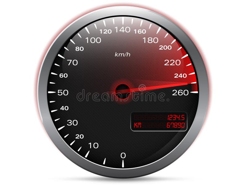 Velocímetro que muestra velocidad máxima con la aguja en rojo stock de ilustración Velocímetro que muestra velocidad máxima con la aguja en rojo stock de ilustración