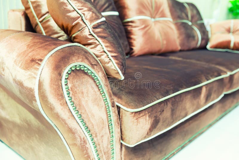 Velvet Pillows on the Brown Sofa Stock Image Image of leather, luxury