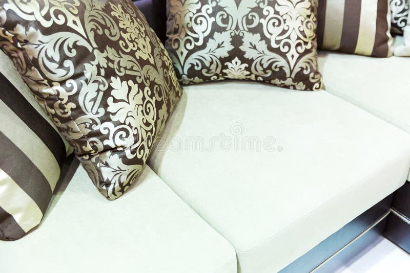 Velvet Pillows on the Brown Sofa Stock Image Image of design