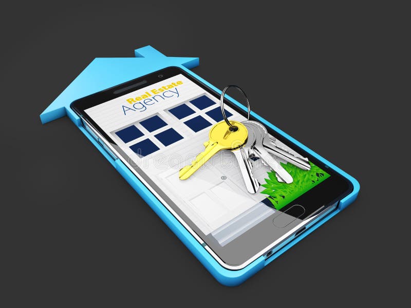Venda de Real Estate ou conceito em linha do aluguel Molde móvel do app preto isoalted, ilustração 3d foto de stock royalty free Venda de Real Estate ou conceito em linha do aluguel Molde móvel do app preto isoalted, ilustração 3d foto de stock royalty free